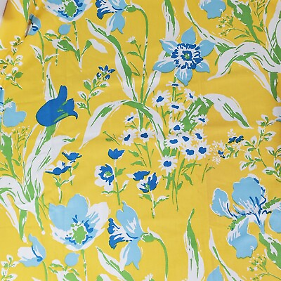 #ad Vintage Yellow Waverly Scotchgard Fabric Blue Flowers Upholstery Curtains 1.5Yds