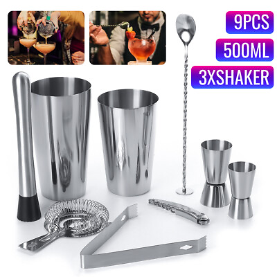 9PCS Stainless Steel Cocktail Shaker Mixer Drink Bartender Martini Tools Ba