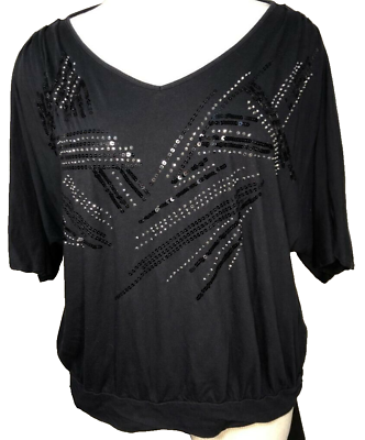 #ad ELLE Black Short Sleeved Top with Sequined Front. Size XL.