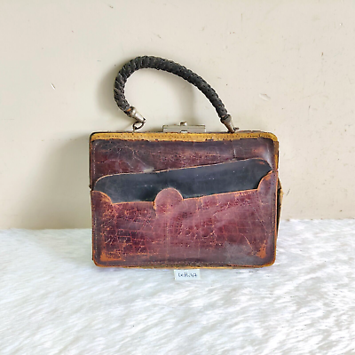 #ad Vintage Leather Brass Purse Handbag Clutch Decorative Collectible Leth47