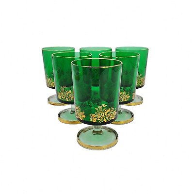 #ad #ad VTG Luminarc Arcoroc France Green Gold Floral 6oz Footed Glasses Set of 6