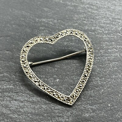 #ad Vintage 925 Sterling Silver Heart Pin Brooch with Marcasite Stones