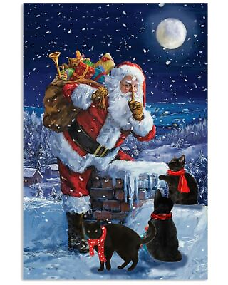 #ad Christmas Poster Black Cat On The Roof With Santa Claus Art Picture Print