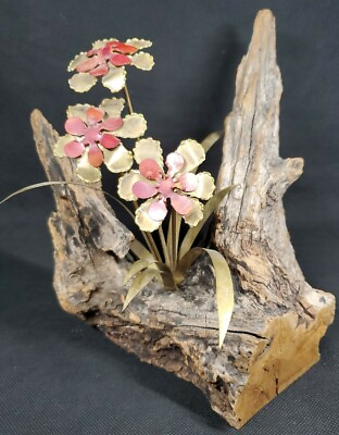 Vtg Retro Floral Copper Brass Art on Driftwood Flowers 8x9x9 MCM Red Enamel