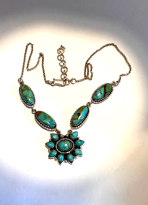 #ad Southwestern 925 Sterling silver Kingman Turquoise lg cluster necklace 16 18quot;L