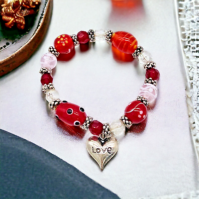#ad Love Charm Bracelet Art Glass Beads Red Swirl Pink AB Romantic Stretch Jewelry