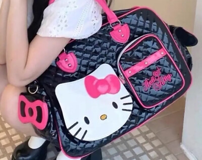 #ad Black Hello Kitty Kawaii Stitched Bow Handbag Shiny Kitty Duffle Bag Suitcase