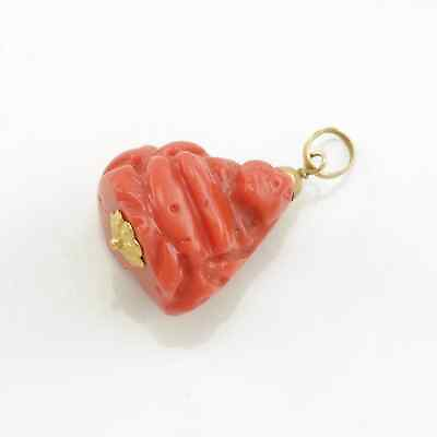 #ad Vintage Coral Carved Buddha Gold Pendant