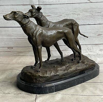 Pair of Two 2 Brown Bronze Metal Greyhound Dog Statues 15quot; Long Signed Sale