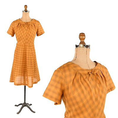 #ad Vintage 60s Semi Sheer Orange Plaid Short Sleeve Preppy Mid Century Day Dress M