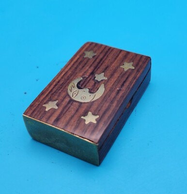 small wooden brass box with lid moon and stars