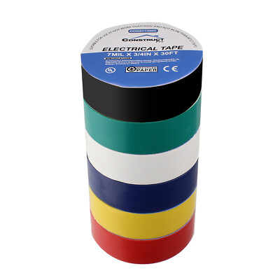 Construct Pro UL Listed Electrical Tape 6 Pack Multi Color 3 4quot; W x 30ft L