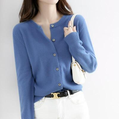 #ad Women#x27;s Cashmere Blend Cardigan Sweater Solid Color Simple Crew Neck Jacket Coat