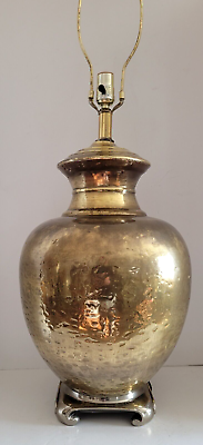 Vtg Mid Century XL Oriental Hammered Brass Glazed Ceramic Ginger Jar Table Lamp