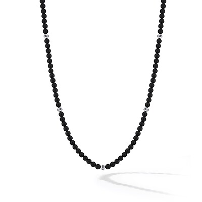 #ad Men#x27;s 6mm Matte Black Onyx Bead Necklace amp; Pavé Black Diamond Silver Accents