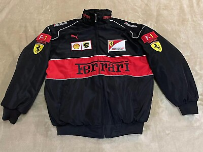 #ad Adult F1 Vintage Racing Jacket Ebroidered Cotton Padded Ferrari Jacket Black