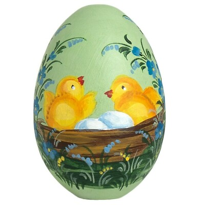 Baby Chicks Green Easter Wood Egg Handmade in Russia 3quot; Paskha Decor