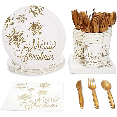 144 Piece Merry Christmas Party Plates Napkins Cups Cutlery Serves 24