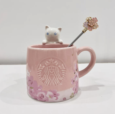 #ad #ad New Starbucks Pink Sakura Cat Coffee Mugs Stir Rod Cherry Blossom Cup Mug 355ml