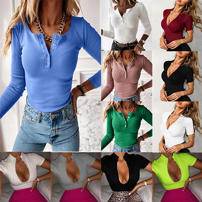 Women#x27;s Basic Tee T Shirt Soft Cotton Knit Fitted Full Sleeve V Neck Solid Tops