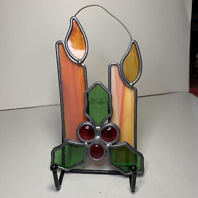Vintage Stained Glass Suncatcher Christmas Candles Holly Green Red Hanging