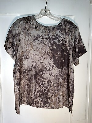 #ad Eileen Fisher Mocha Brown Tidewater Printed Short Sleeve Silk Top Size M c362