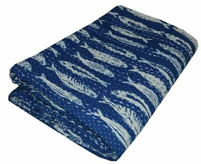 #ad Fish Printed Handblock Quilt Cotton Kantha Gudri Home Decor Throw Large Bedcover