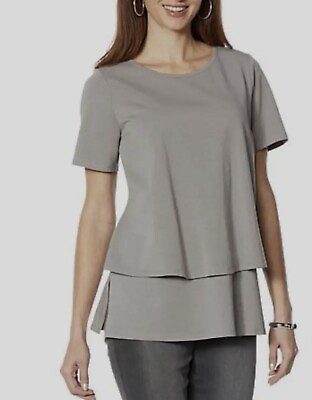 #ad DG2 Diane Gilman Womens SHIRT TUNIC Short Sleeve Knit Easy Top GRAY Size Small