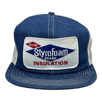 Vintage Hat Cap Trucker K Products Denim Big Patch Dow Styrofoam Insulation USA