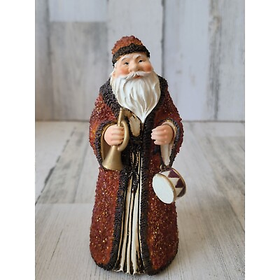 #ad Winter Santa Claus red robe glitter trumpet horn drum Xmas figurine