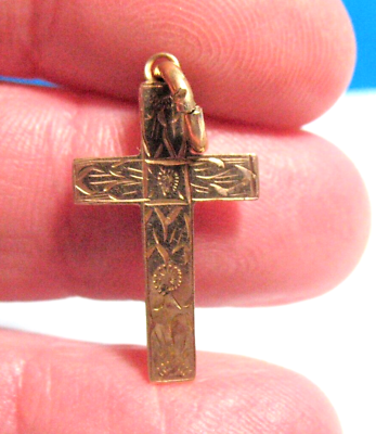 #ad 9K YELLOW GOLD HOLY CROSS PENDANT ANTIQUE ETCHED .6 GRAMS 10 X 20 MM