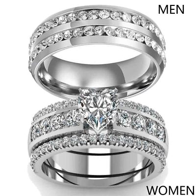sz6 13 Couple Rings Titanium Steel Mens Band Heart CZ Women#x27;s Wedding Ring Set