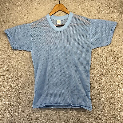 #ad Vintage 70s Sheer Shirt Men#x27;s Large Blue Single Stitch Mesh Rockabilly USA NOS