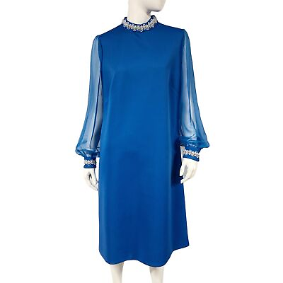 Vintage 1970s Blue Mock Neck Double Knit Sheath Dress Womens L XL