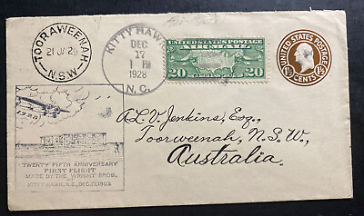 #ad 1928 Kitty Hawk NC Usa First Flight Airmail Cover FFC To Tooraweenah Australia