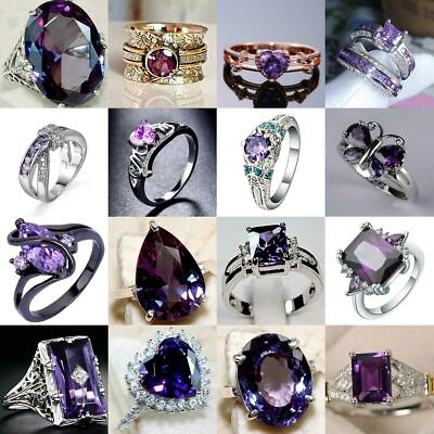 Women 925 Silver Ring Amethyst Purple Gemstone Wedding Jewelry Rings Size 6 10