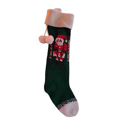 #ad Vintage Christmas Stocking Sock Soft Knit Santa Pom Poms Green Red White 20quot;