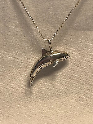 #ad Ladies Sterling Silver Box Link 925 Dolphin Necklace
