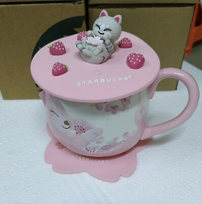 #ad HOT Starbucks Cherry Blossom Cup Sakura Coffee Mug W Strawberry Cat Lid Coaster