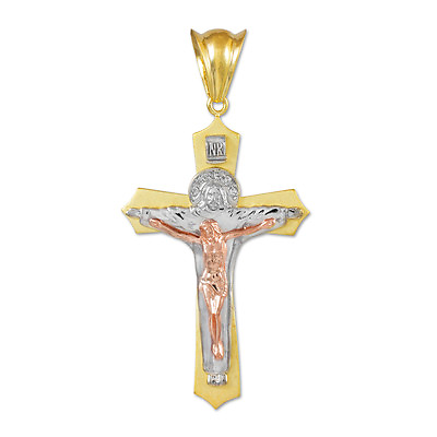 #ad Fine 10k Three Tone Gold Holy Trinity Crucifix Cross Pendant Midsize