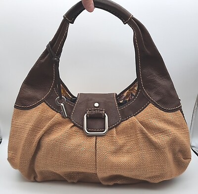 #ad #ad Fossil Hobo Purse Tweed Leather Bag Light Dark Brown Logo Key FOB Shoulder Bag