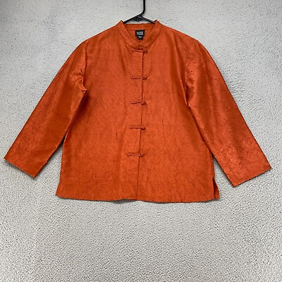 #ad Eileen Fisher Top Womens Medium 100% Silk Asian Mandarin Crinkle Orange Rust