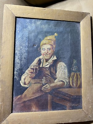 Antique F Werner quot;Man Drinking In Tavern Scenequot; Oil Painting Signed Framed