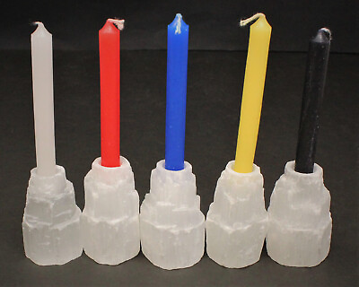 Selenite Tower Candle Holder 2.5quot; Tall Chime Ritual Candles Crystal Healing