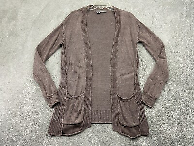 #ad 360 Sweater Women’s Small Brown Cardigan 100% Linen Open Knit Pockets Boho Beach