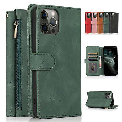 #ad Leather Card Wallet Zipper Flip Case For iPhone 14 15 Pro Max 13 12 11 XS XR 87