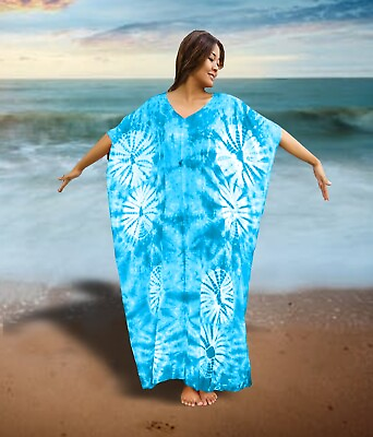 #ad Long Boho Kaftan for Women Shibori Tie Dye Maxi Beach Cover up quot;T BLUEquot;