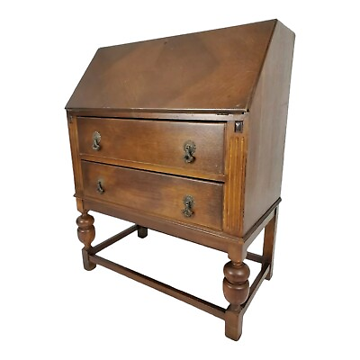 Antique Drop Front Desk Secretary Oak Wood With Key Drawers William amp; Mary Tudor