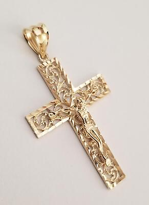 #ad 14K Solid Real Yellow Gold Religion Diamond Cut Jesus Cross Crucifix Pendant