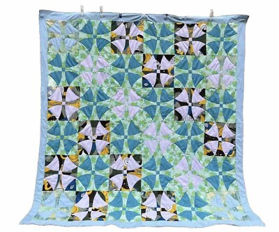 #ad Vintage Kaleidoscope Quilt Mint Cond 60s 70s Blues Greens Hand stitched 80x80in